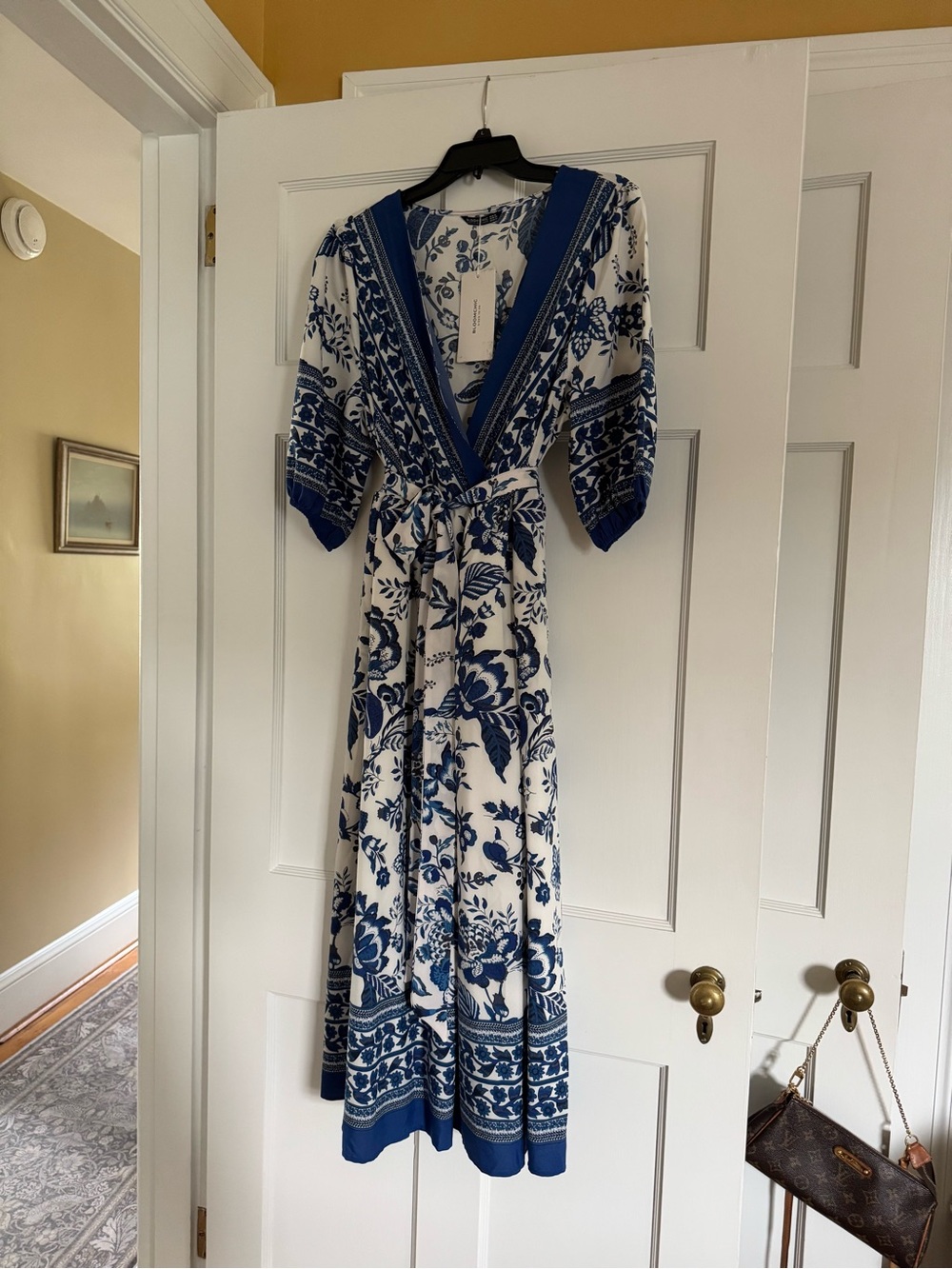 BloomChic - Blue White Floral Belted Maxi Dress, w/ pockets